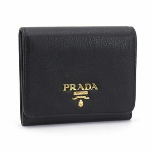 プラダ 三つ折りコンパクト財布 ブラック ヴィッテログレインレザー 1MH176 黒 小物 中古 送料無料