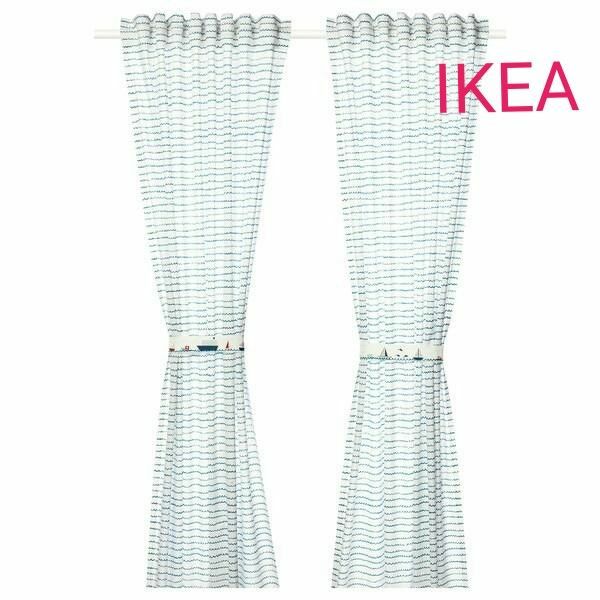 新品未使用 イケア IKEA UPPTAG カーテン120×250 海 波 ブルー タッセル付 子ども部屋 キッズ