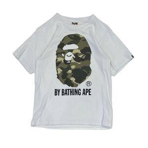 【S】USA 古着 エイプ A BATHING APE カモフラージュロゴ プリント Tシャツ クルーネック 半袖 ホワイト