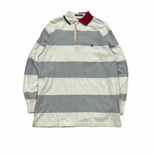 【M】USA 古着 90s トミーヒルフィガー TOMMY HILFIGER 長袖 ラガーシャツ 90年代 ボーダー ホワイト/グレー