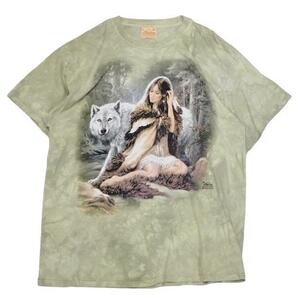 【XXL】USA 古着 90s The Mountain WolfGirl Tシャツ 半袖 90年代 アニマル 大判プリント タイダイ ネイティブ グリーン 2XL