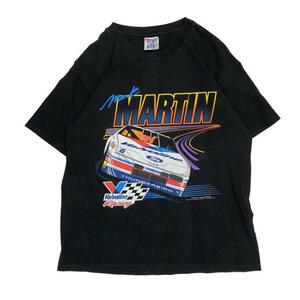 【M】USA 古着 90s Hanes ヘインズ Mark Martin 大判プリント Tシャツ レース NASCAR 半袖 クルーネック ブラック