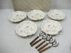 未使用 昭和 レトロ Tominaga Original China トミナガ オリジナル 陶器 スイートメリー 皿 バラエティー皿 スプーン 5客揃 花柄 白