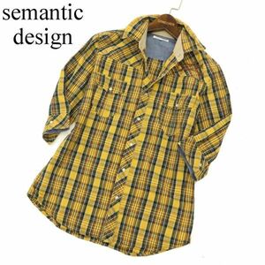 semantic design セマンティック デザイン 春夏 襟ワイヤー★ チェーン刺繍 7分袖 ワーク チェック シャツ Sz.M　メンズ 黄　C3T05625_6#A