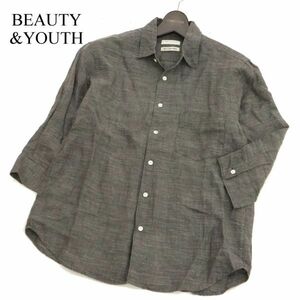 美品★ BEAUTY&YOUTH ユナイテッドアローズ 春夏 【麻100% リネン】 7分袖 シャツ Sz.S　メンズ グレー　C3T06232_7#A