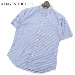 A DAY IN THE LIFE ユナイテッドアローズ 春夏 ストライプ★ 半袖 ボタンダウン シャツ Sz.L　メンズ 青 × 黄色　C3T06574_7#A