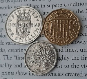 1954年 英国3種類コインセットイギリス 3ペンス 6ペンス シリングエリザベス女王ブリティッシュ本物古銭宜しくお願いします