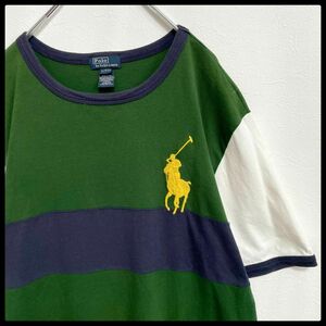 【良デザイン】ポロラルフローレン　90s　ビッグポニー　リンガー　半袖Tシャツ　キッズXL＝メンズMサイズ相当　POLO RALPH LAUREN