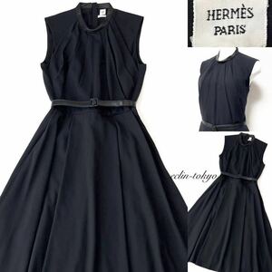 [E3920] as good as new HERMES Hermes { top class! leather trimming } belt attaching!gya The - Flare Silhouette no sleeve One-piece black 38