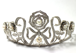 [K18WG] white gold H&C diamond 7.16ct Akoya pearl Tiara 107.9g wedding Crown wedding jewelry 