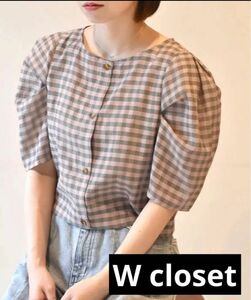 大人気【W closet】ラメチェックパワショル ショート丈ブラウス 半袖シャツ