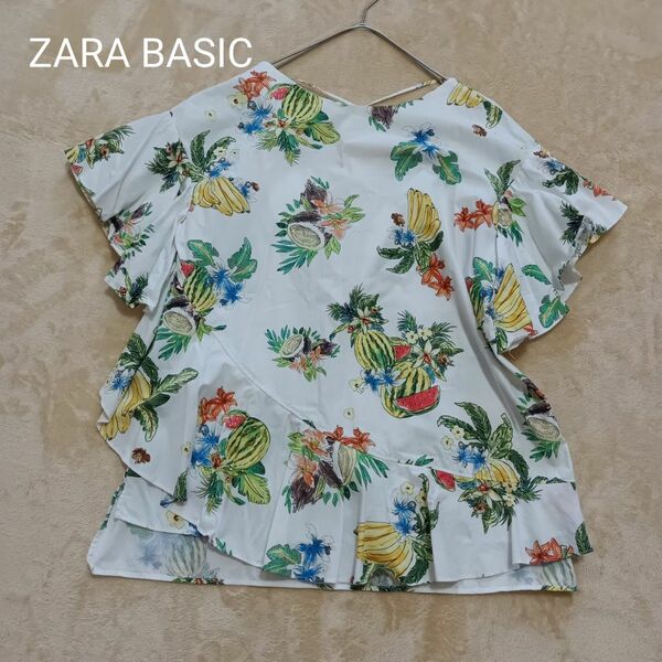 ZARA BASIC　ザラ　ボタニカルプリント　コットンフリルトップス　夏コーデ オーバーブラウス 花柄