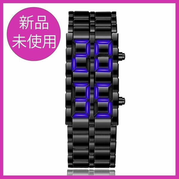 *未使用品*男性用ブラックメタル調腕時計，青色LEDディスプレイ【Y481】