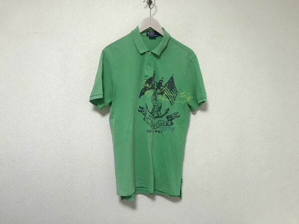 本物ポロラルフローレンPOLO Ralph Laurenコットンプリント半袖ポロシャツメンズアメカジサーフミリタリービジネススーツM香港製グリーン緑