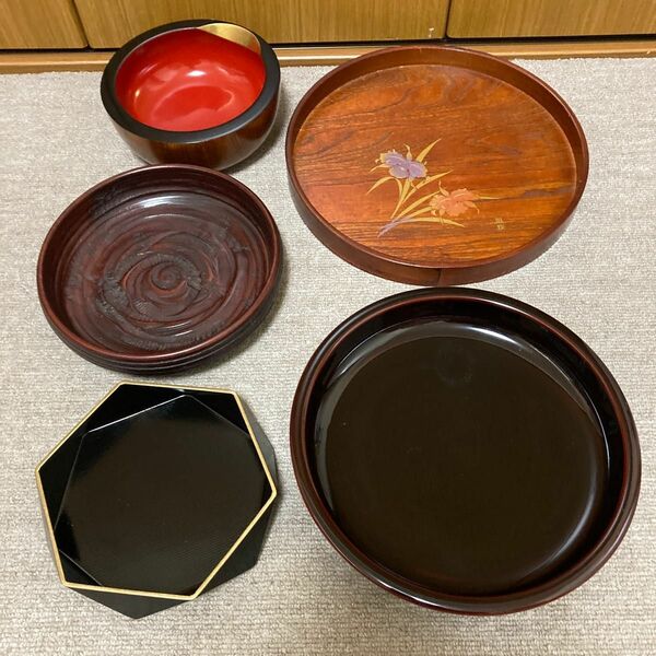 良品　象谷塗　越前塗　など　工芸品　漆器5点　光琳堂　四国彫　讃岐彫　京漆　漆芸　お盆　菓子器