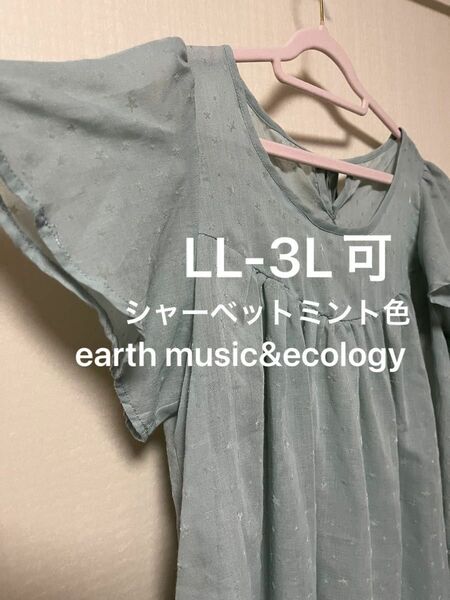 LL〜3L可シャーベットミント星柄シフォンフレア袖トップスearth music&ecology