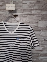 men's F96 BLUEBLUE ブルーブルー HRM × FRUIT OF THE LOOM フルーツオブザルーム ボーダー Vネック 半袖 Tシャツ M ネイビー/ホワイト _画像1