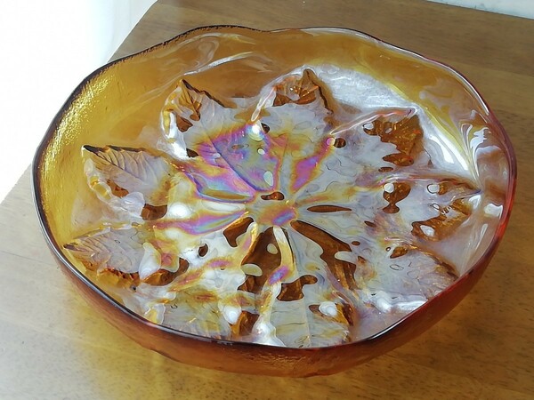 アンバー ガラス 大皿 オーロラ 虹色 昭和レトロ 琥珀色 ラスター antique amber glass platter 送料込み