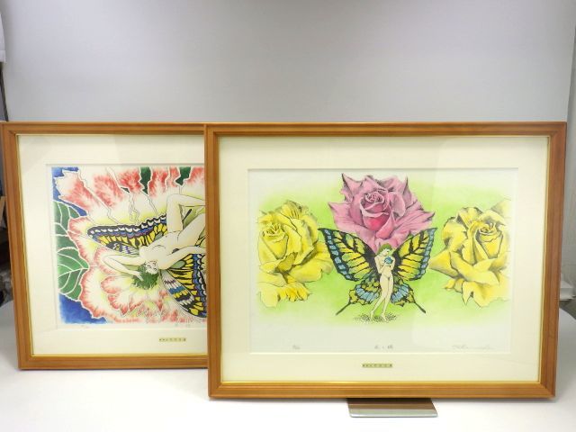 x3G048R- Lithographies Fumio Takeuchi Sojukai, 2 pièces, Papillon endormi et fleurs et papillons, signé, impressions, peintures, encadré, Ouvrages d'art, Impressions, Lithographie, Lithographier