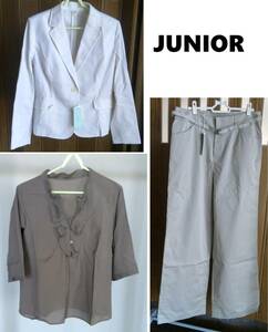 値引↓《送込》(Y4)【JUNIOR(ジュニアー）】3点セット（ジャケット・ブラウス・パンツ）　サイズ48（B96～100)　綿・ポリエステル　未使用