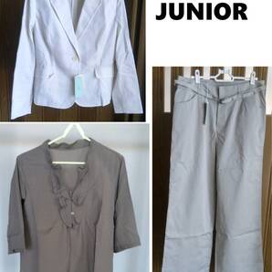 値引↓《送込》(Y4)【JUNIOR(ジュニアー）】3点セット（ジャケット・ブラウス・パンツ）　サイズ48（B96～100)　綿・ポリエステル　未使用