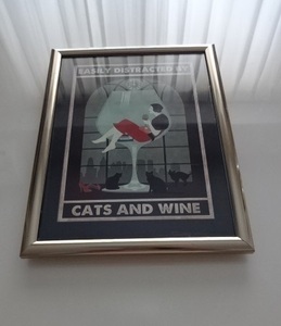 アートフレーム§A4額(選択可)写真ポスター付§ワイン・グラス・女性・猫・レトロ・アンティーク風・お酒・バー・動物・黒ネコ・黒猫