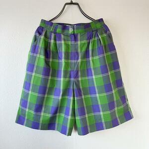  old clothes made in Japan short pants shorts check cotton embroidery cotton green purple retro L culotte green purple 