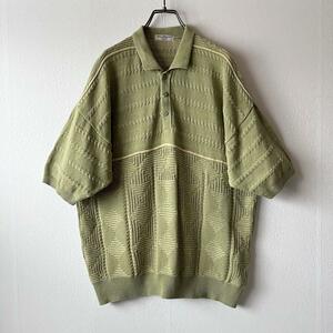 古着 プルオーバーシャツ ポロシャツ コットン 綿 ニット 総柄 緑 L レトロ グリーン ジャカード 半袖