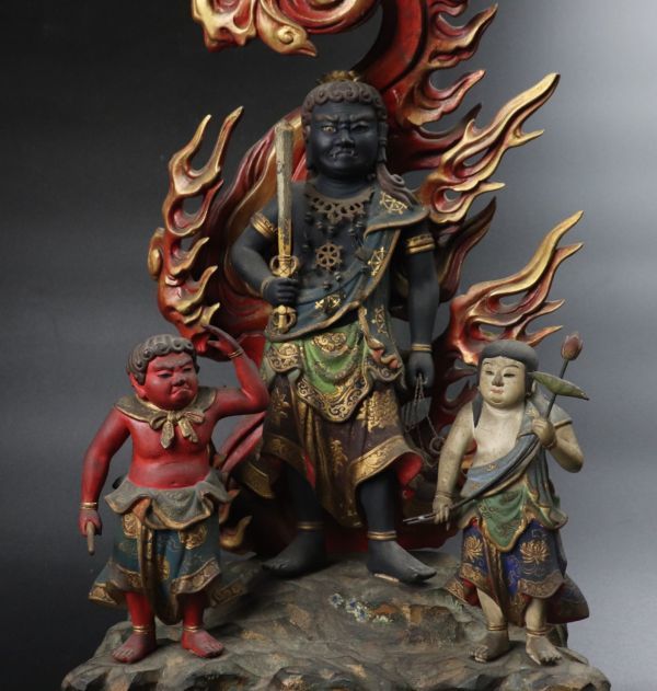◇錵◇ 時代木彫十一面観音三尊仏像23cm 厨子入鍍金仏像唐物骨董T[V397