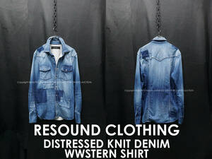 RESOUND CLOTHING クラッシュ加工 ニットデニムシャツ 3 インディゴ ウエスタン ダメージ加工 パッチワーク スウェットデニム ストレッチ