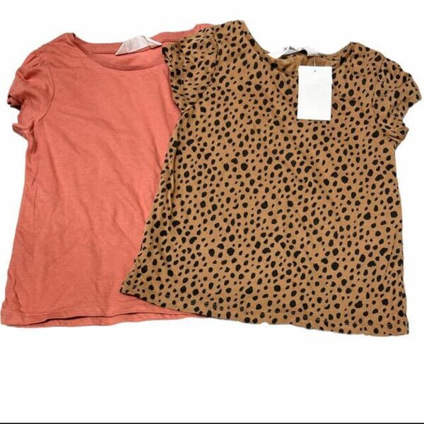 120cm H&M 2枚組 トップス 半袖 tシャツ 綿100% キッズ 女の子 新品 未使用 タグ付き ピンク ヒョウ柄 豹柄