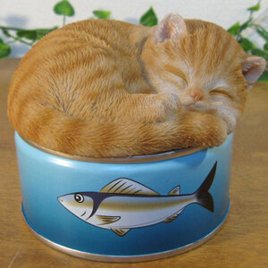 ねこ　置物　リアルな猫のオブジェ　ボックスキャット　サバ缶　スリープ　ネコ　ジュエリーケース　小物入れ　インテリア　フィギュア