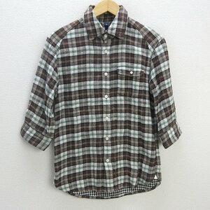 z# Silas /SIRAS check pattern 7 minute sleeve shirt [S] tea /MENS#197[ used ]