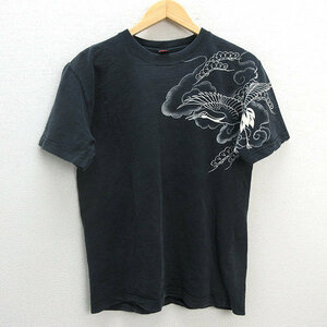 y■CROPPED HEADS/クロップドヘッズ 和柄プリントTシャツ■黒【メンズM】MENS/127【中古】