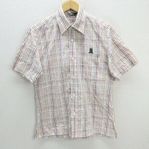 z# black and white /Black&white sport check pattern short sleeves shirt [M] red white series /men's/47[ used ]