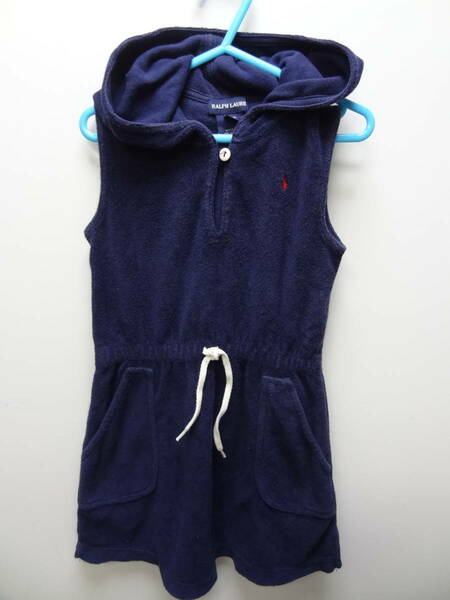 全国送料無料 正規品 ポロ ラルフローレン POLO RALPHLAUREN 子供服キッズ女の子紺色パイル素材ノースリーブワンピース 110(4T)