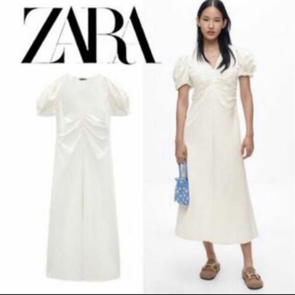 ZARA リネンワンピ　マキシ　パフスリーブ　白　