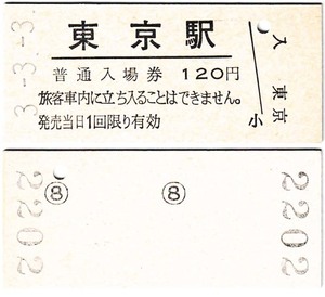 ＪＲ化後の入場券　#260　平成3年　東京駅発行　3並び