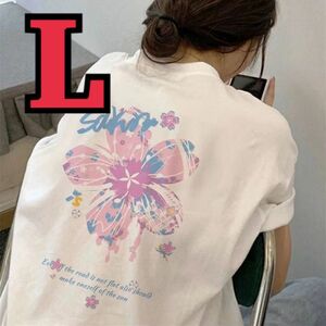 桜プリントがかわいい英字カッコイイ春夏ロゴ入りTシャツ韓国ファッション 半袖Tシャツレディースキッズ