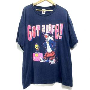 ■ LOONEY TUNES TWEETY Sylvester ラメ プリント Tシャツ サイズXL ネイビー 古着 ルーニーテューンズ トゥイーティー シルベスター ■