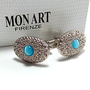 [mac80] new goods MON ARTmon art cuffs cuff links silver × blue glass big size Italy made 