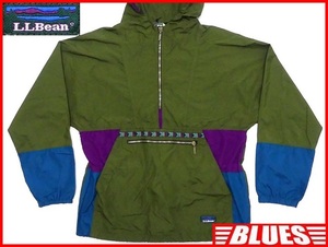 即決★L.L.Bean★メンズM ビンテージ 古着 アノラックパーカー グリーン 80s チロリアン ナイロン ハーフジップ アウトドア 登山 キャンプ