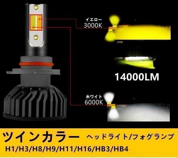 ツインカラー LEDヘッドライト LEDフォグランプ H3　H7　HB4　白　ホワイト　イエロー　3000ｋ　黄色　切替