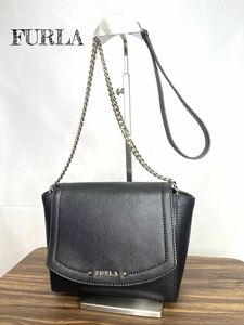 美品★ FURLA フルラ　チェーン ショルダーバッグ 黒 ゴールド　サフィアーノレザー 斜めがけバッグ 保存袋付き