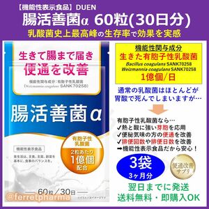 【残りわずか】機能性表示食品 DUEN 腸活善菌α 有胞子性乳酸菌 60粒 30日分 3袋