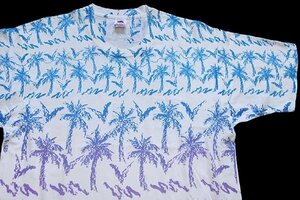 ★90s USA製 NASSAU,BAHAMAS ヤシの木 グラデーション アート オールオーバープリント コットンTシャツ 白 XL★オールド オーバーサイズ