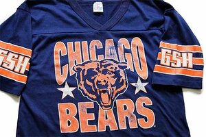 ★80s USA製 NFL CHICAGO BEARS ビッグロゴ ひび割れプリント Vネック フットボールTシャツ 紺 M★オールド ビンテージ アメフト