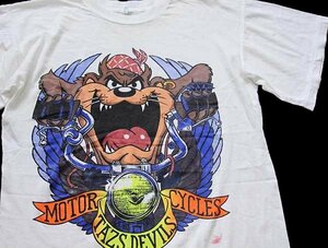 ★90s MOTOR TAZS DEVILS CYCLES タズマニアンデビル 蛍光プリント コットンTシャツ 白★オールド キャラ ハーレー モーターサイクル