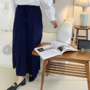 ネイビー ウエストリボン付き プリーツスカート ロングスカート マキシスカート