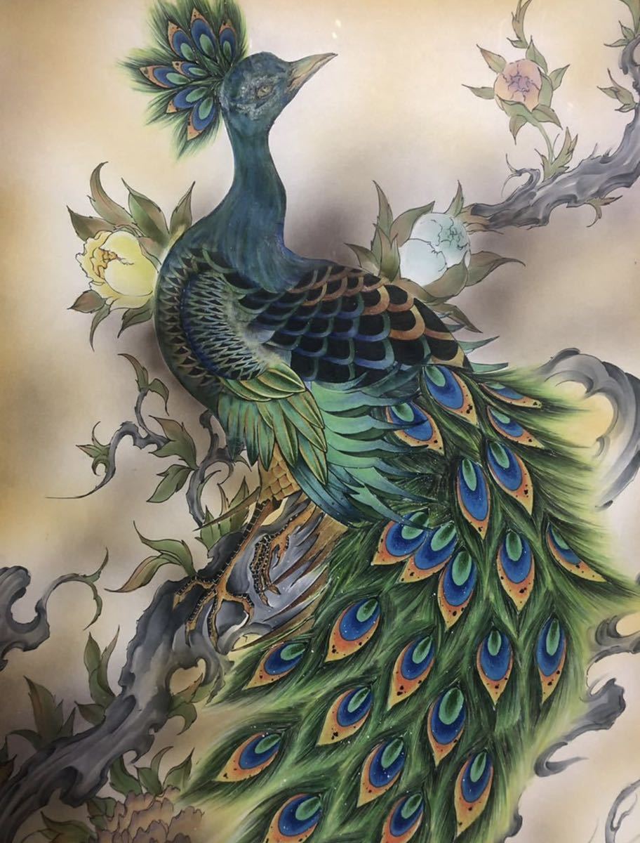 孔雀 孔雀 牡丹 牡丹 花鸟画, 绘画, 日本画, 花鸟, 野生动物